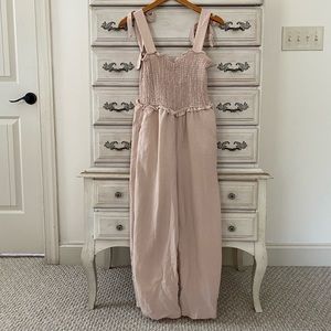 Beige Smocked Pocketed Jumpsuit